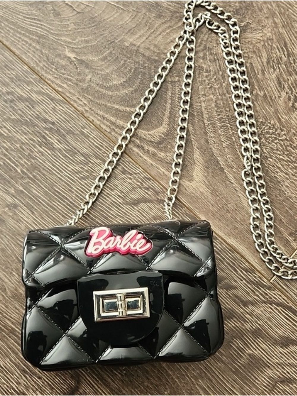 🛍️Barbie Black Quilted Patent Crossbody Mini Bag with Pink Logo